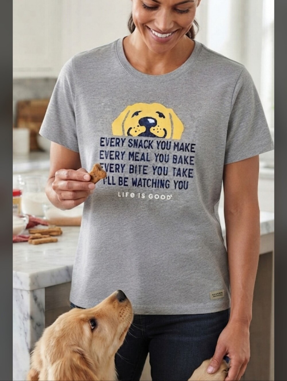 Life Is Good "Every Snack You Make" Golden/Labrador Graphic Crusher Tee Small